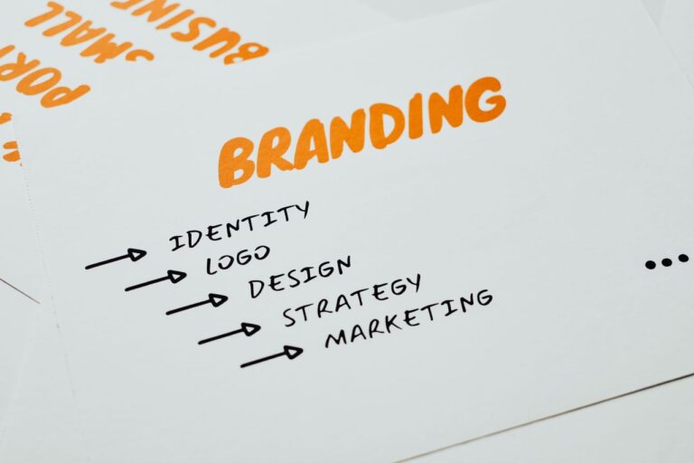 Close-up of a paper with branding, identity, design, strategy, and marketing concepts in orange and black.