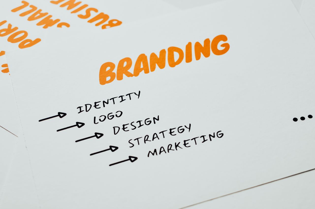 Close-up of a paper with branding, identity, design, strategy, and marketing concepts in orange and black.