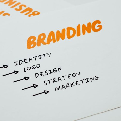 Close-up of a paper with branding, identity, design, strategy, and marketing concepts in orange and black.
